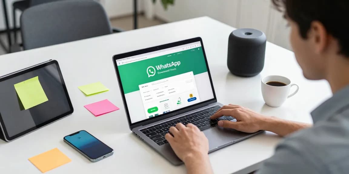 WhatsApp下載 page on a laptop in a modern workspace, showcasing an engaged user.