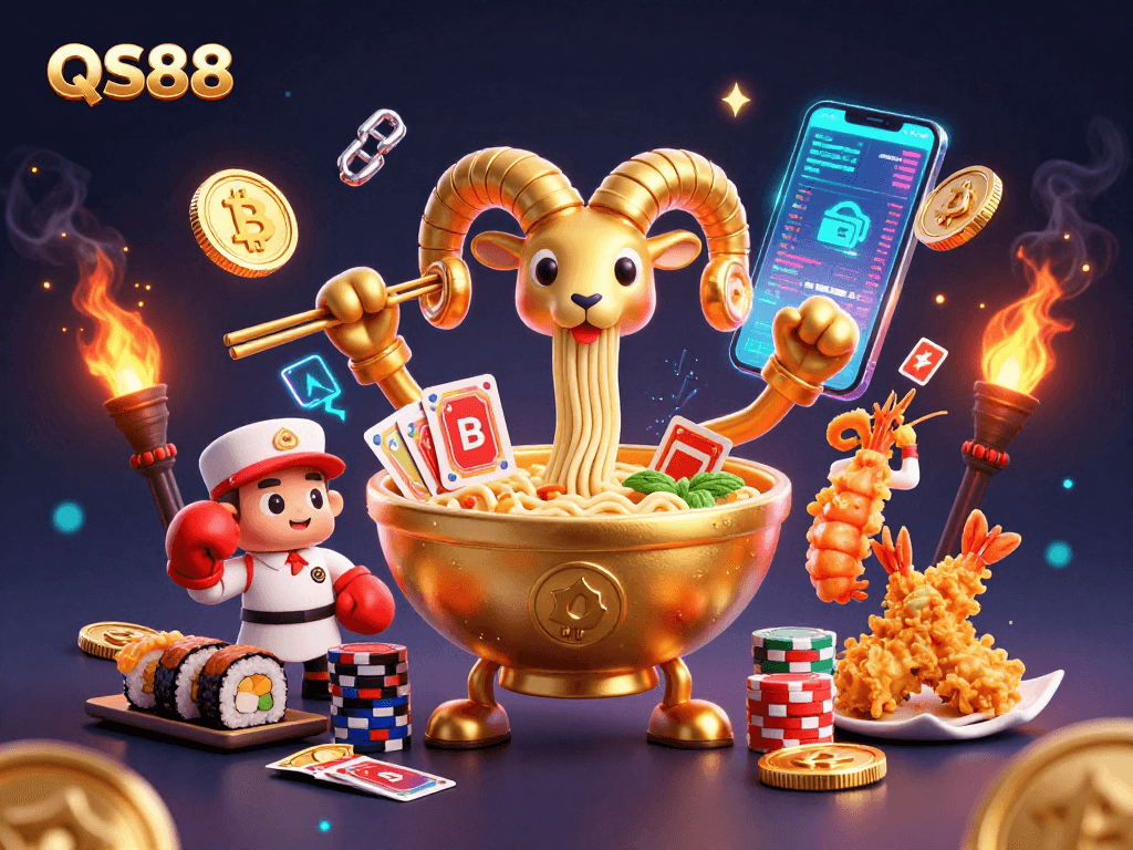 Engage in winning strategies with QS88 at a vibrant casino-themed art depicting animated characters.