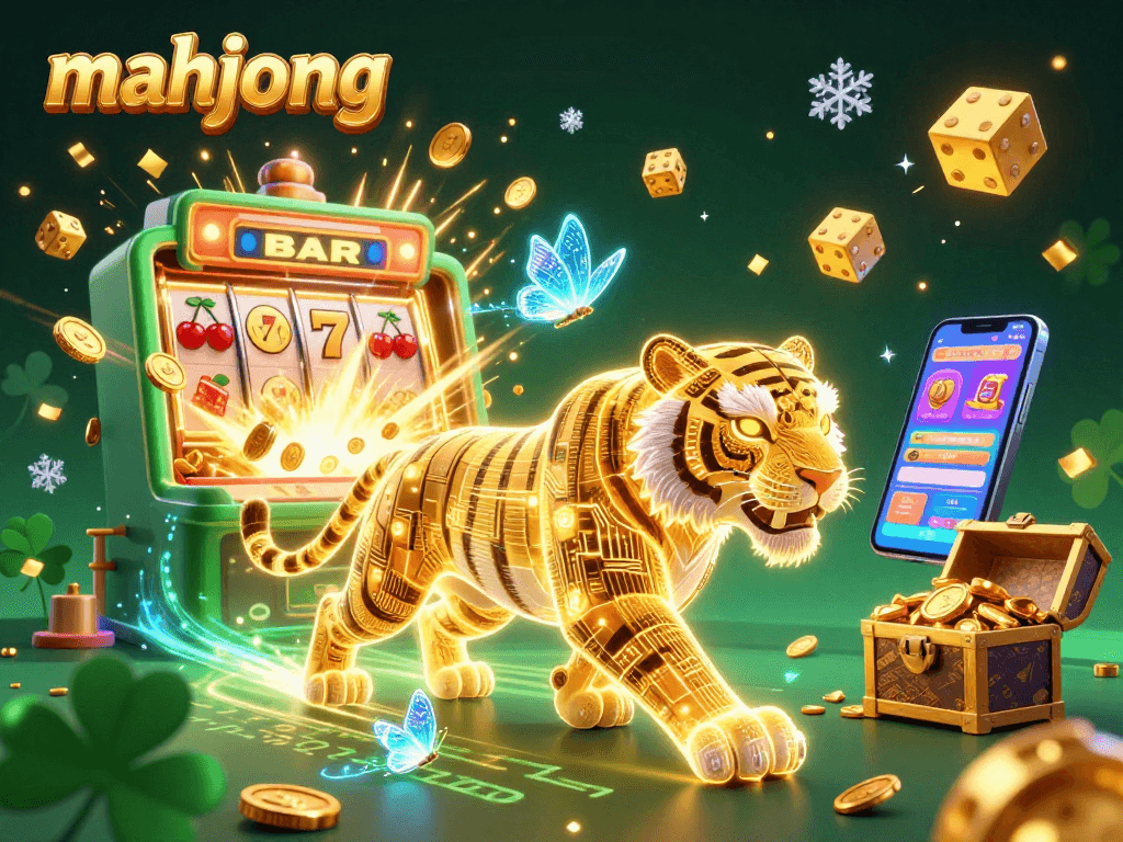 Experience the action of mahjong in this vibrant 3D casino illustration featuring dynamic slot elements and a neon tiger.