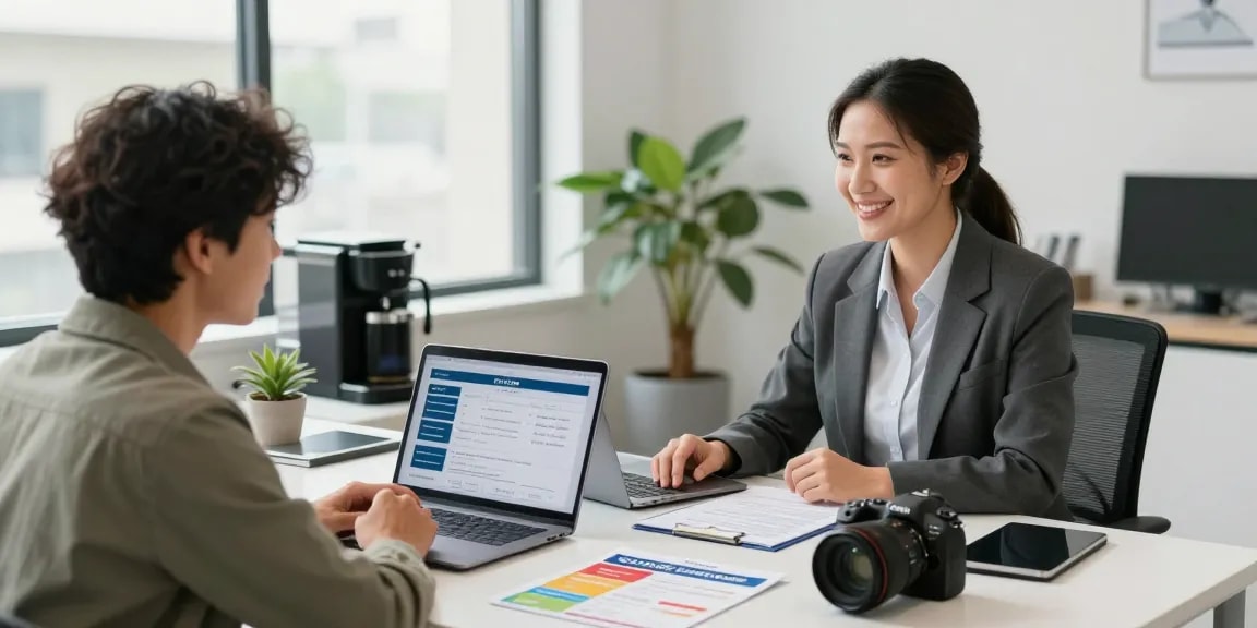 Couple consulting with RadCred loan officer about $1000 personal loan options in modern office.