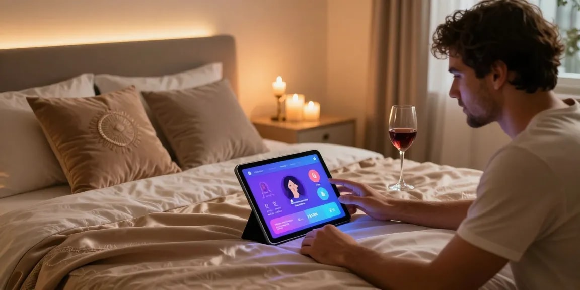 Couple interacting with sex AI technology in a cozy bedroom setting, enhancing intimacy.