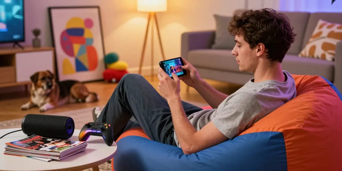 Engaged adult male playing a mobile porn game on his smartphone in a cozy living room.