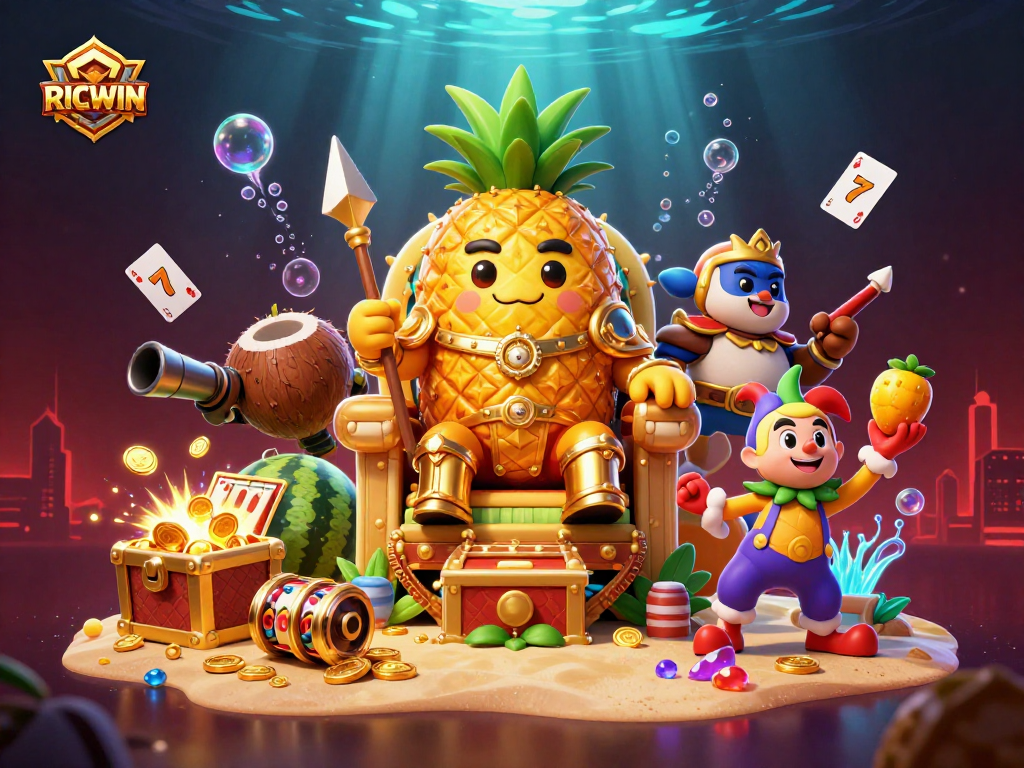 Engage in thrilling casino adventures with RICWIN, featuring a golden pineapple king and vibrant slot games.