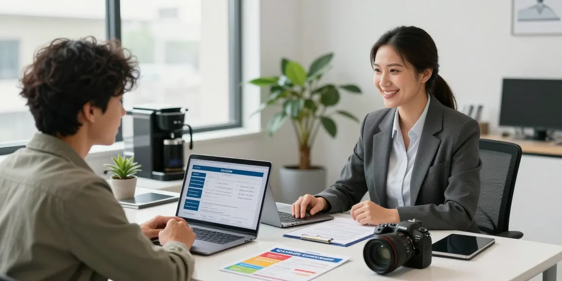 Couple consulting with RadCred loan officer about $1000 personal loan options in modern office.