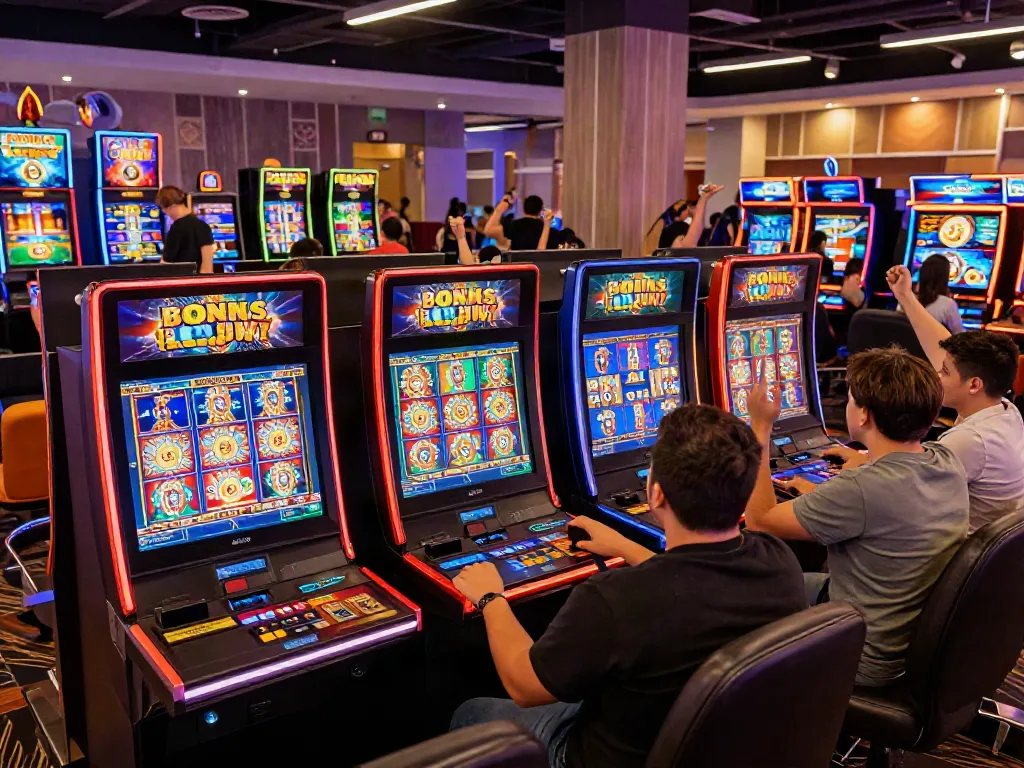 Players at a vibrant gaming hub enjoying Bonus Buy slots at https://stargazyinn.co.uk with colorful displays and cheering groups.