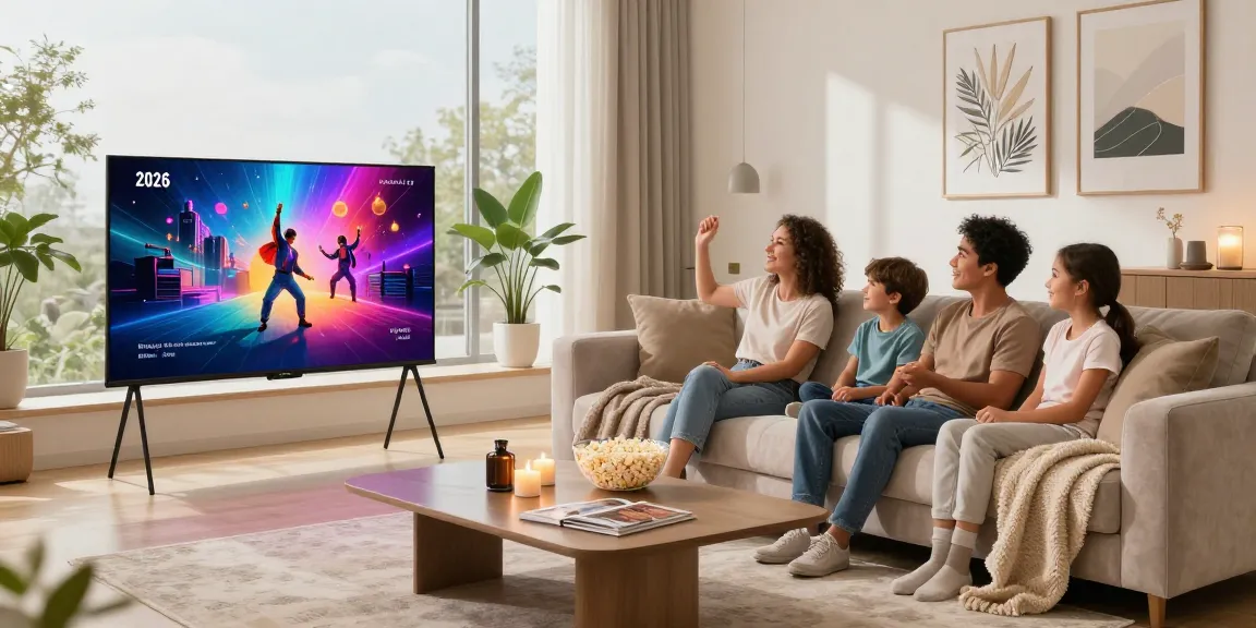 Family enjoying movie night with a smart TV 2026 in a stylish living room.
