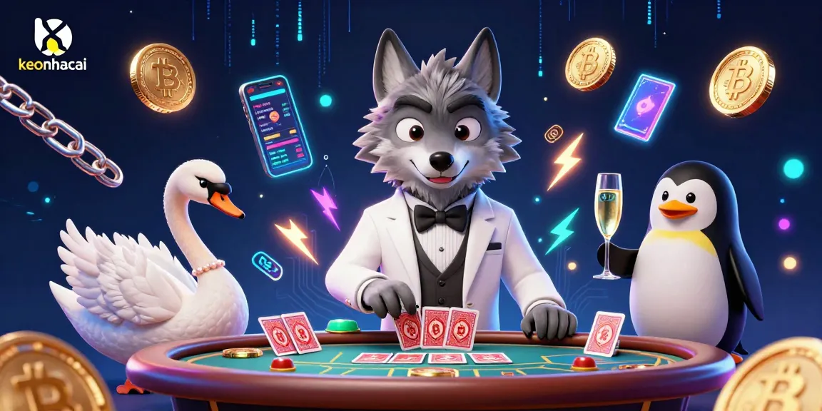 Bet on keonhacai with a debonair wolf, swan dealer, and penguin sommelier in a vibrant casino scene