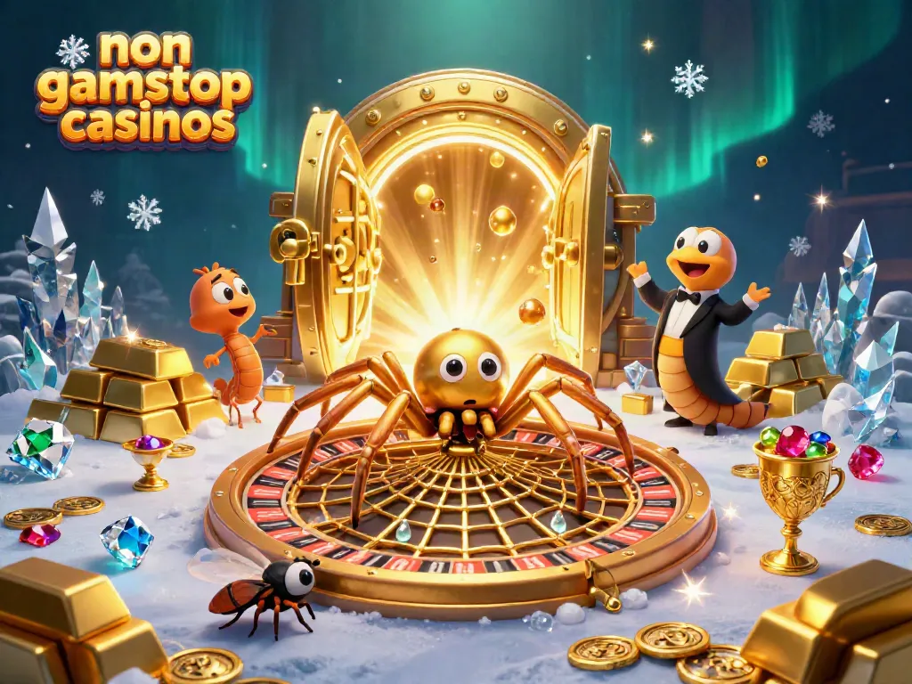Engage with thrilling non gamstop casinos, featuring a whimsical scene of a spider spinning a roulette wheel web.