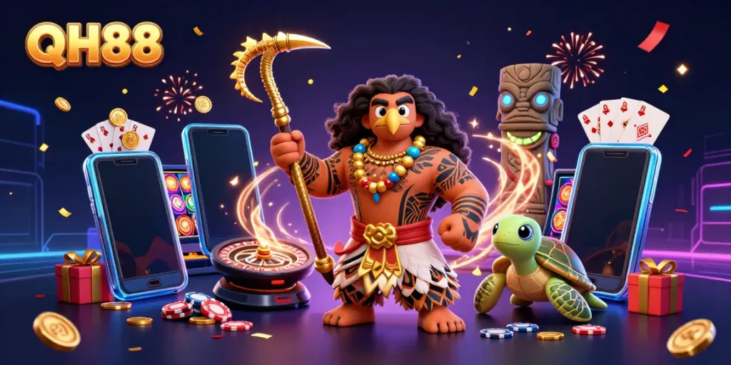 Experience the excitement of QH88 with dynamic illustrations of casino games and characters.