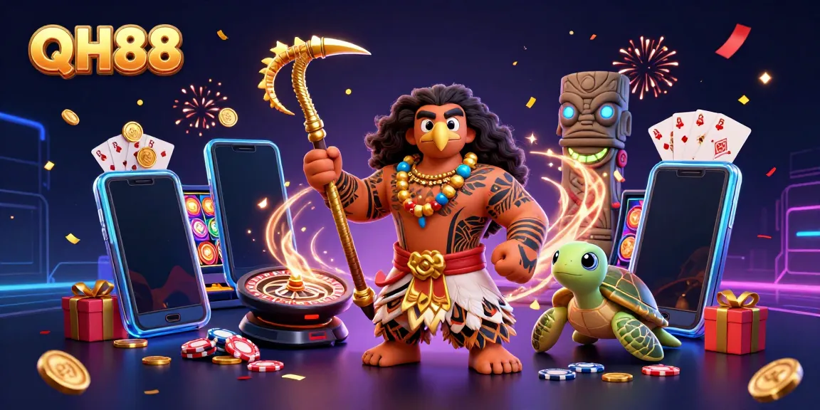 Experience the excitement of QH88 with dynamic illustrations of casino games and characters.