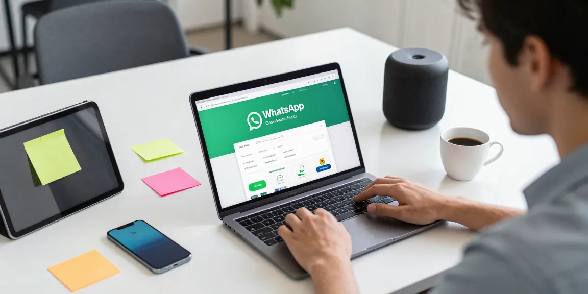 WhatsApp下載 page on a laptop in a modern workspace, showcasing an engaged user.