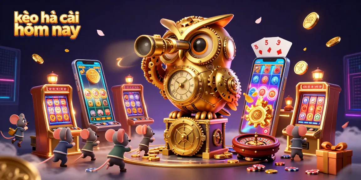 Engaging illustration of kèo nhà cái hôm nay featuring a watchful golden owl amidst vibrant casino games.