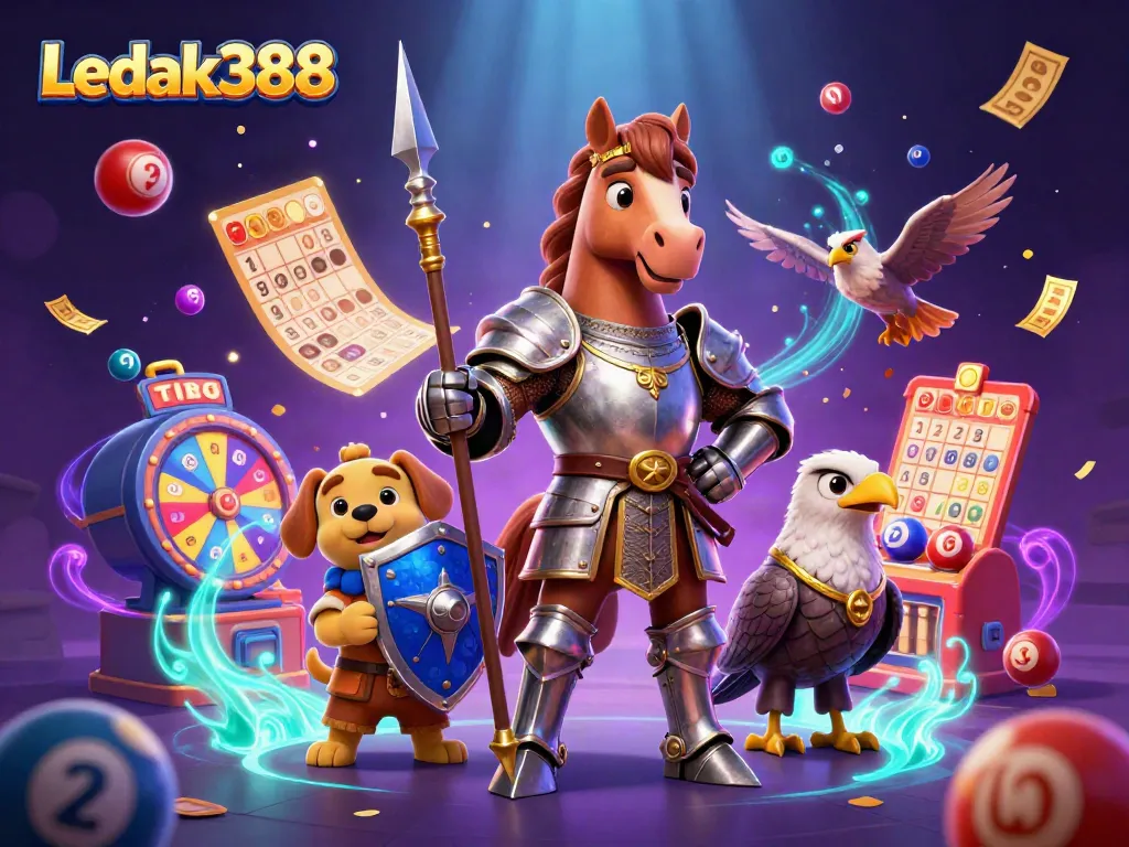 Experience the excitement of Ledak388 with this vibrant lottery and gaming scene, featuring animated characters and colorful game elements.