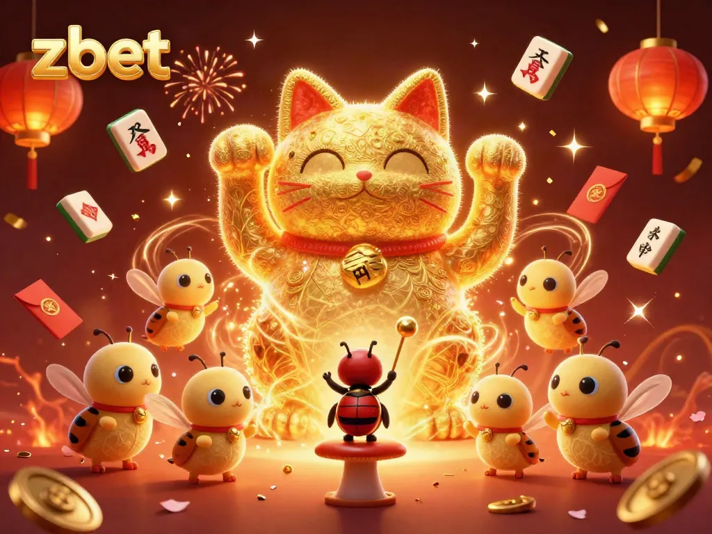 Experience the thrill of zbet with a colorful lucky cat and casino-themed elements in a dynamic 3D scene.
