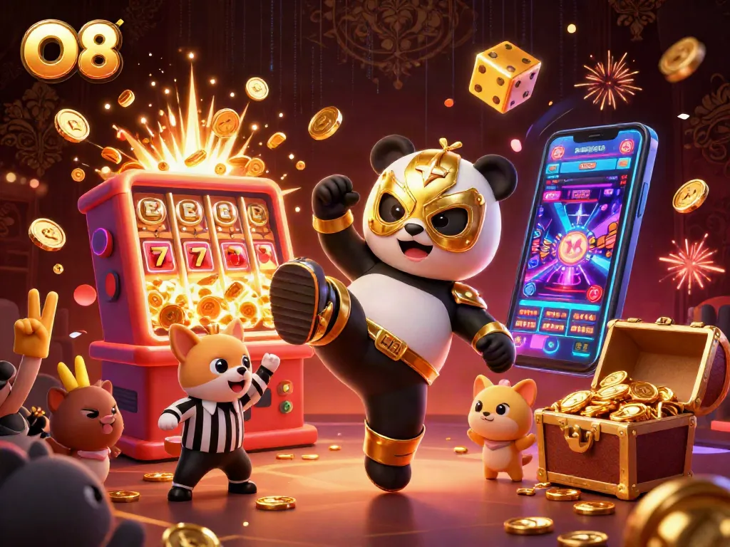 Experience the thrill of O8 with a vibrant casino scene featuring a lucha libre panda.