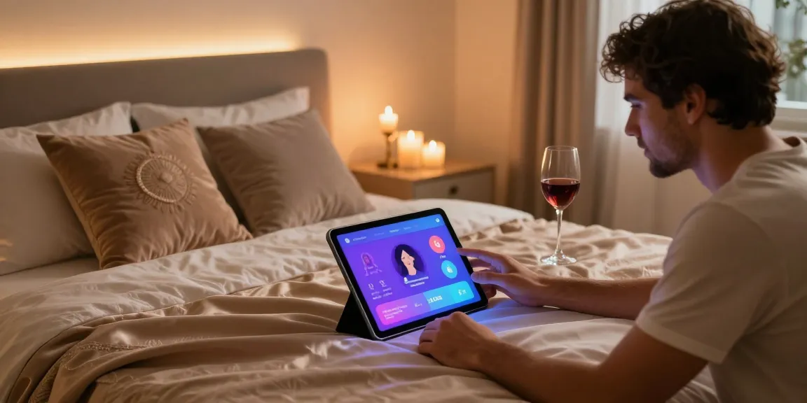 Couple interacting with sex AI technology in a cozy bedroom setting, enhancing intimacy.