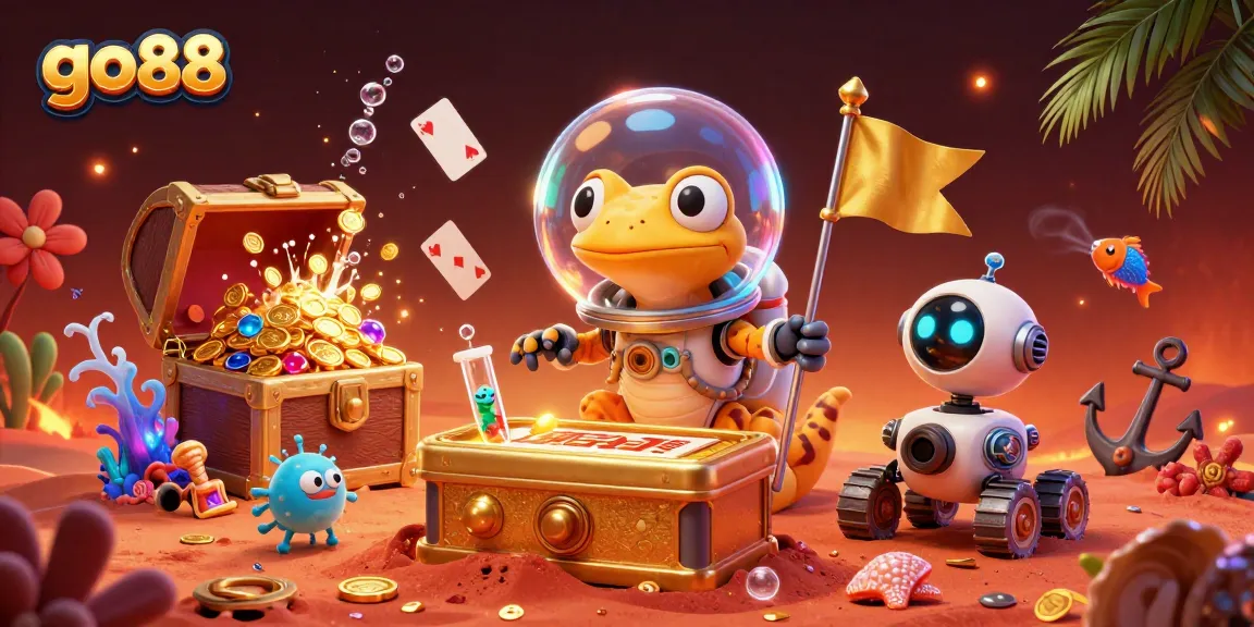 Experience excitement at go88 with a Martian gecko exploring a golden casino in this vibrant 3D illustration.