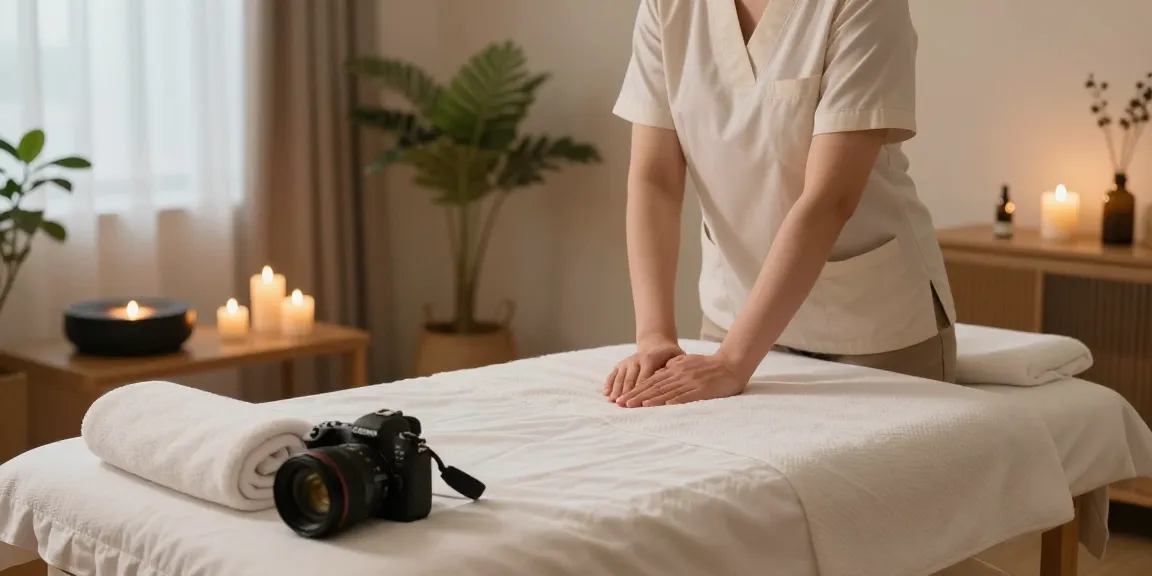 Relaxing 안양출장마사지 environment with a therapist preparing soothing ambiance, featuring calming lights and cozy setup.