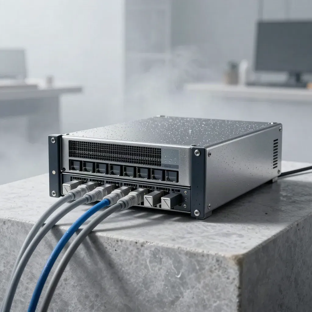 Server chassis, fibre leads, backup cartridges and rail brackets on a stone plinth in soft studio light.