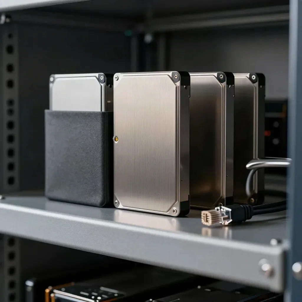 Three backup SSDs, ethernet cable and rack handle on a server shelf, one disk partly sleeved.