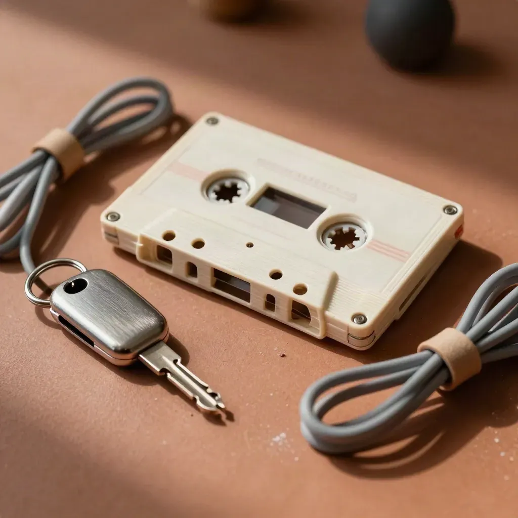 Top-down still life of a backup tape case, key fob and coiled cable on terracotta clay.