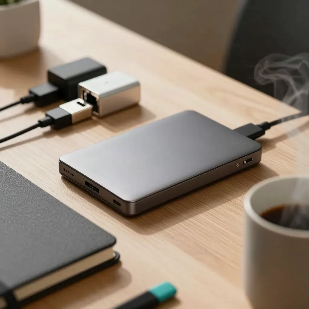 Closed notebook, SSD and adapter stack on a cleared desk edge with steam and a teal accent.