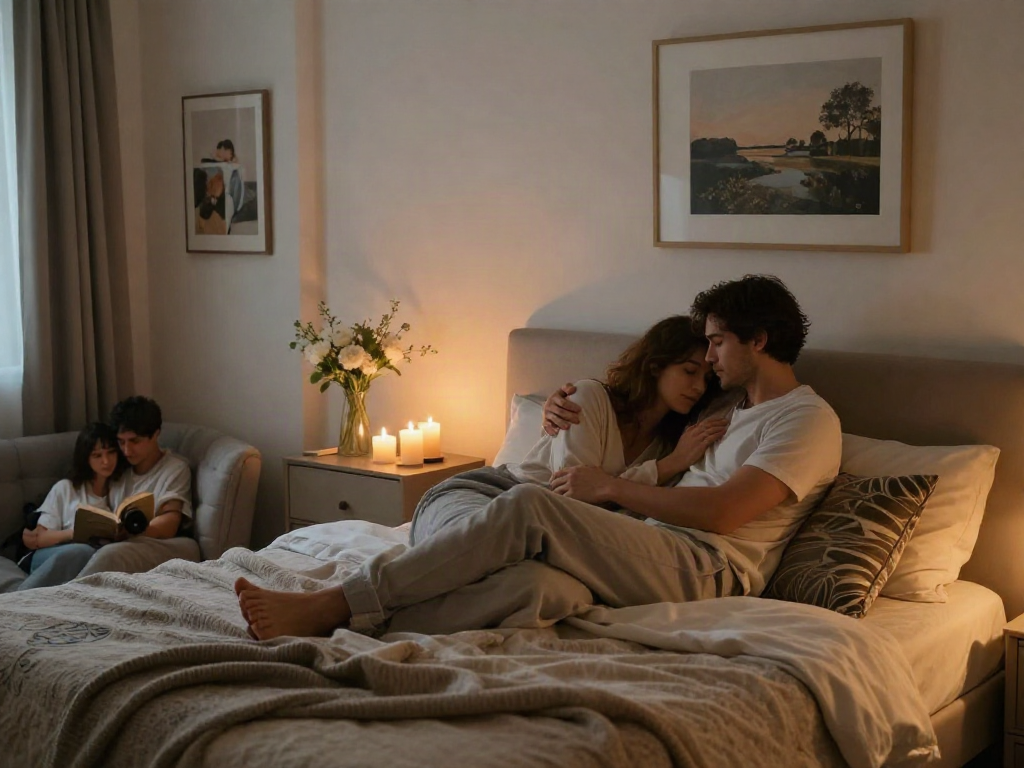 Couple enjoying intimate moment in cozy bedroom showcasing sex ai themes with warm lighting and personal touches.