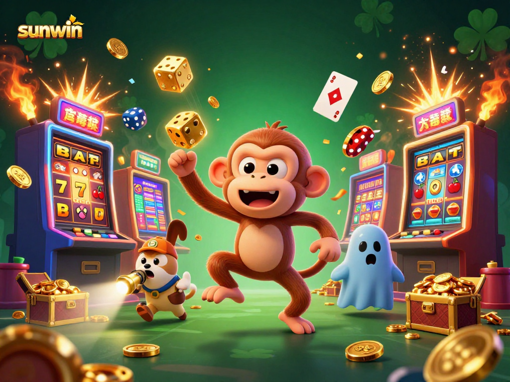 Catch exciting action at sunwin with a mischievous poltergeist monkey and a curious puppy in a vibrant casino setting.