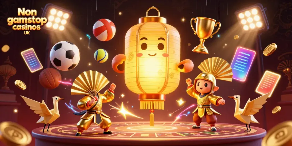Experience the excitement of Non gamstop casinos UK with this vibrant 3D illustration of golden spirits and flying sports elements.