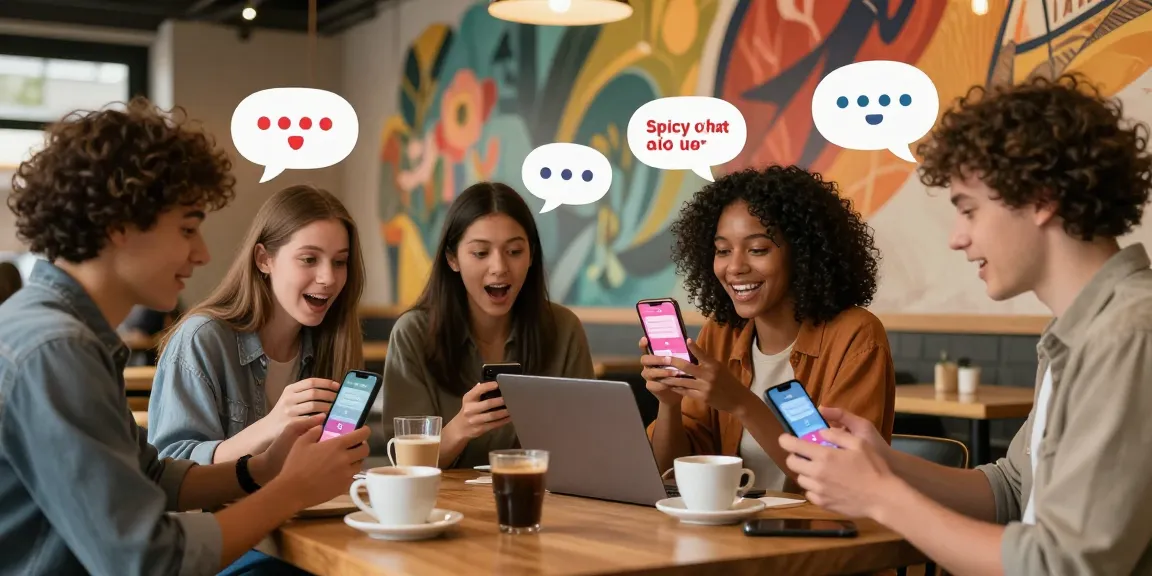 Dynamic group enjoying spicy chat ai on smartphones in a lively café.