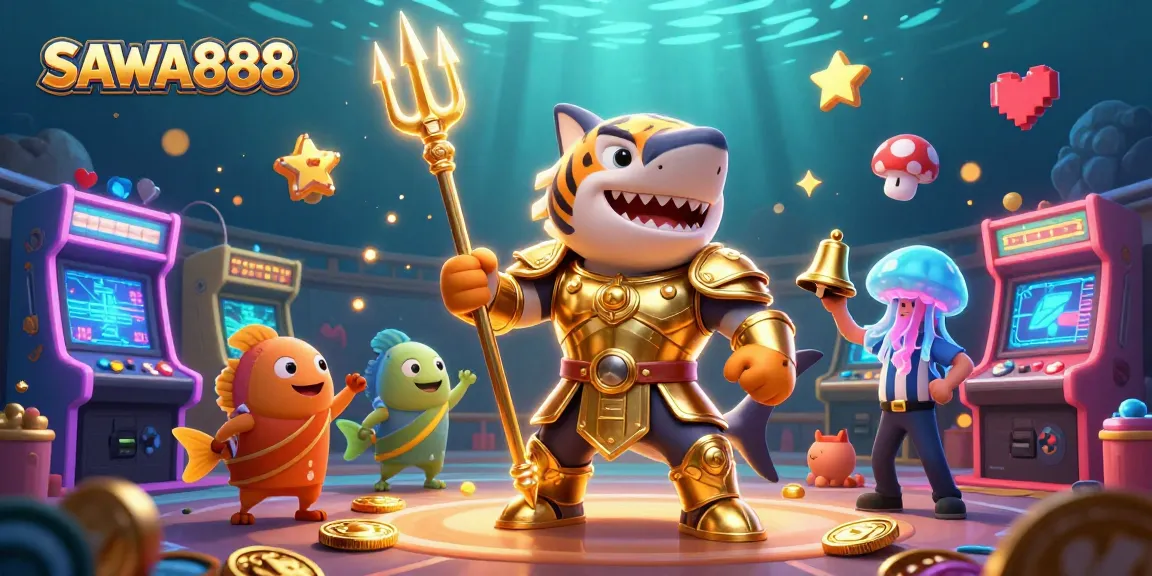 Engage with SAWA888 in this vibrant underwater colosseum scene featuring slots, glowing game elements, and a tiger shark.
