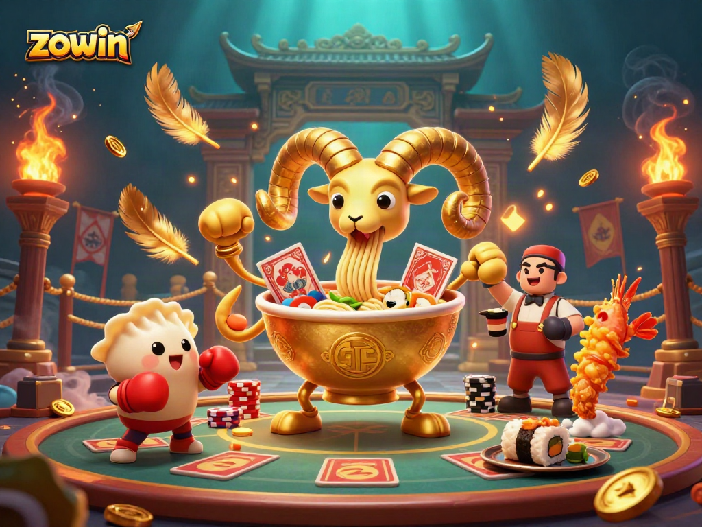 Zowin's playful gambling scene with a giant ramen bowl character stacking chips and dealing cards in a vibrant atmosphere.