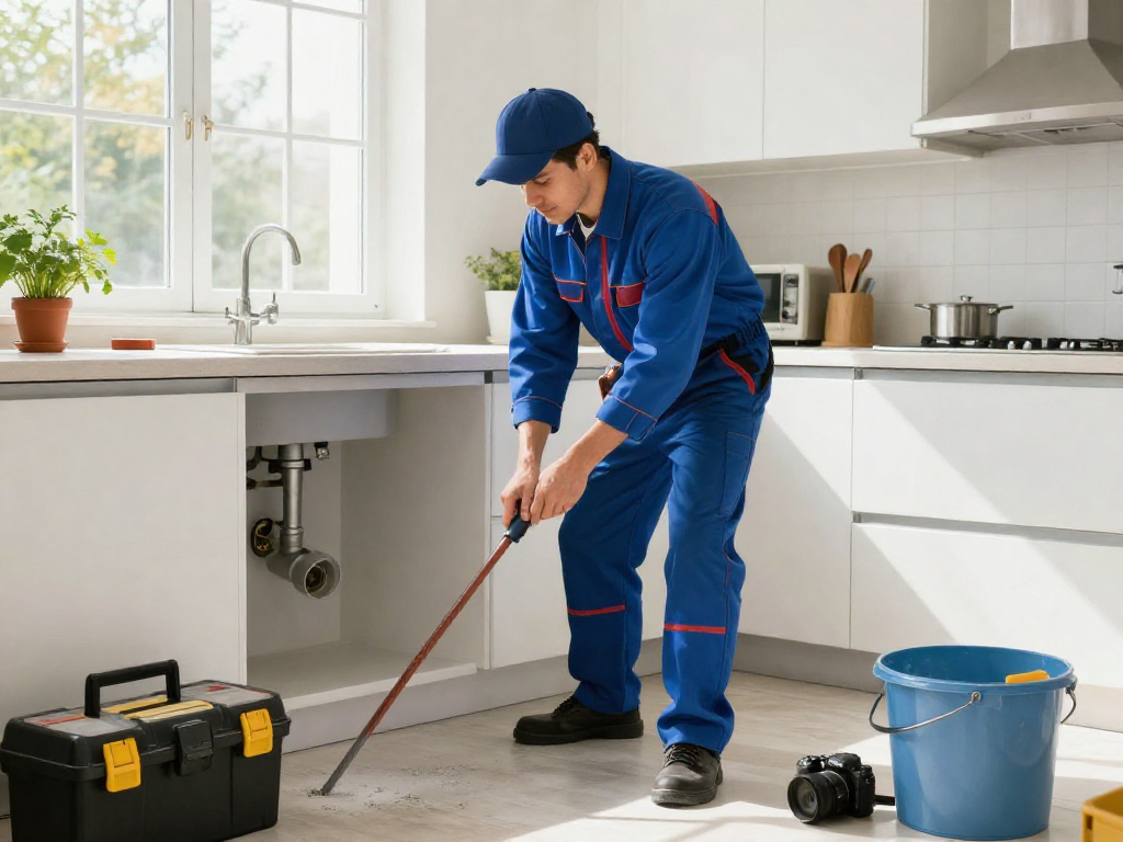 Demonstrating drain cleaning Fort Worth, professional plumber uses a drain snake in a modern kitchen.