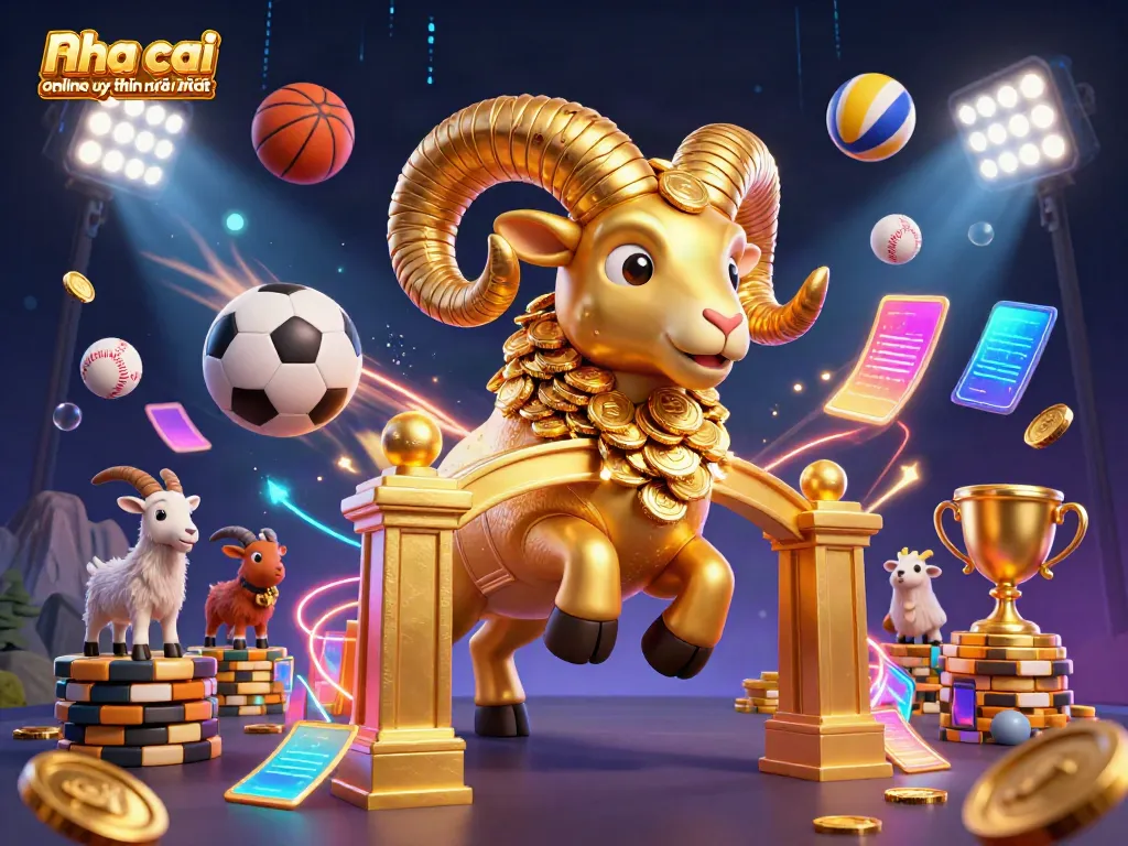 Engaging scene showcasing nha cai online uy tin mới nhất with a golden ram charging and sports elements in a vibrant casino atmosphere