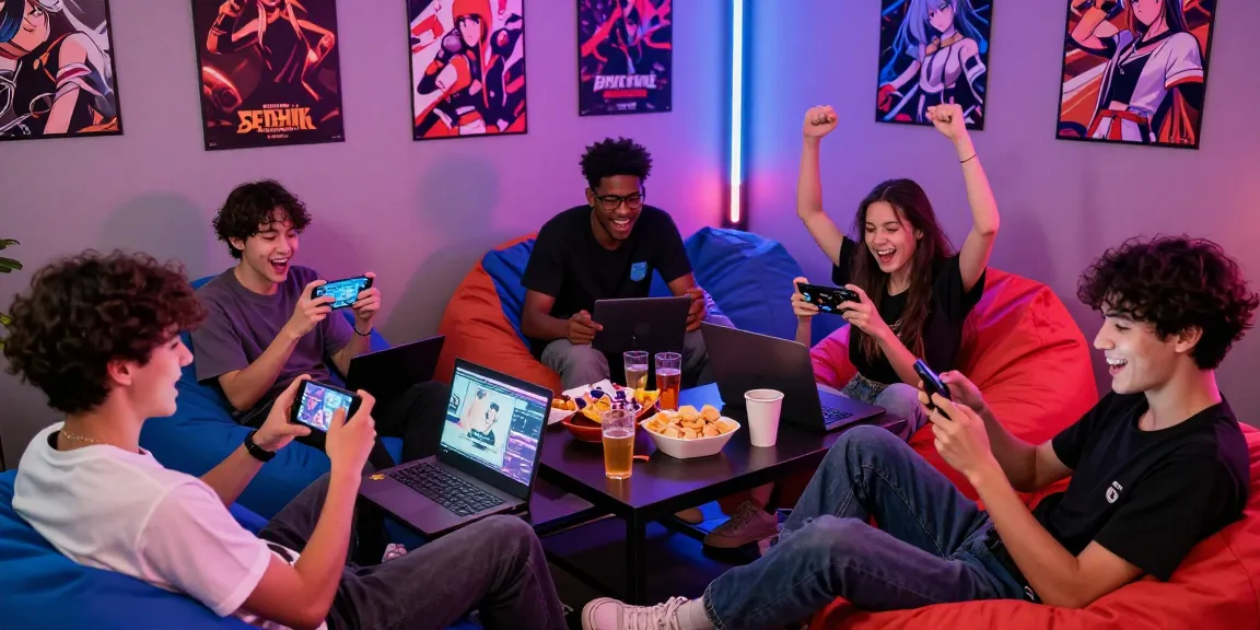 Exciting group playing hentai games in a vibrant gaming lounge atmosphere.