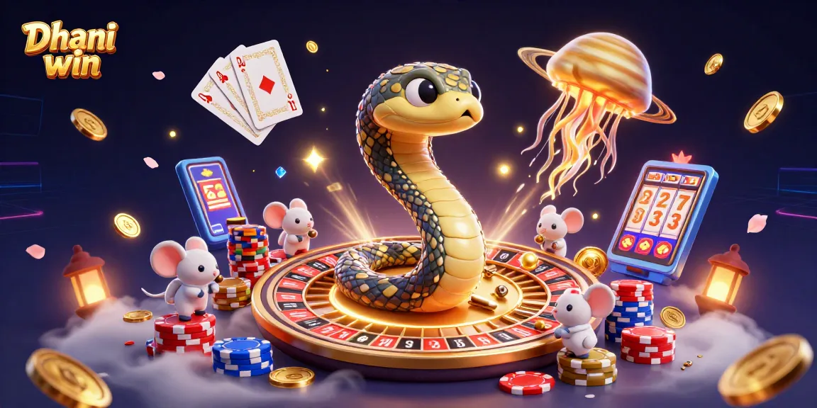 Dhani win gaming scene with a Saturn ring snake, astronaut mice betting on a roulette wheel, and golden jellyfish dealer.