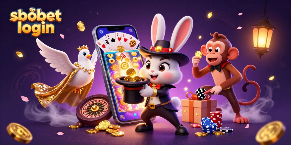 S sbobet login illustration showing a magician rabbit with coins, cellphone slot games, and vibrant casino elements.