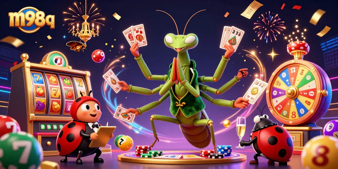 Engage with m98 q in a lively casino scene featuring colorful money rain and jackpot thrills.