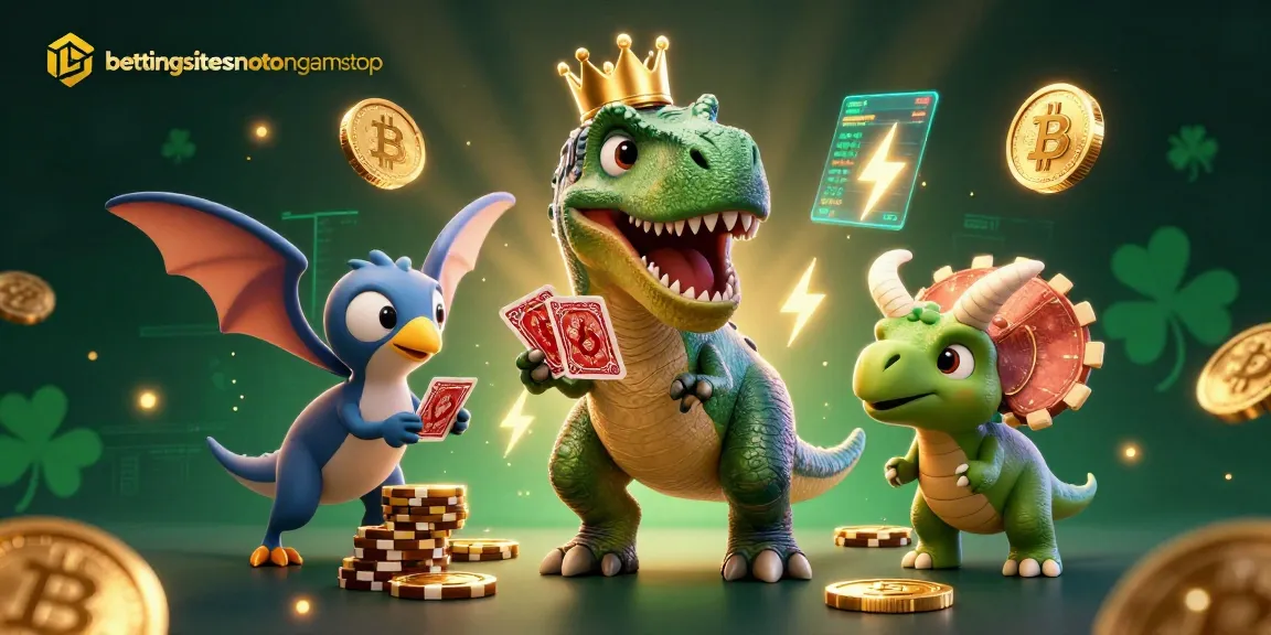 Engage with bettingsitesnotongamstop as the T-Rex shuffles cards in a vibrant casino scene.