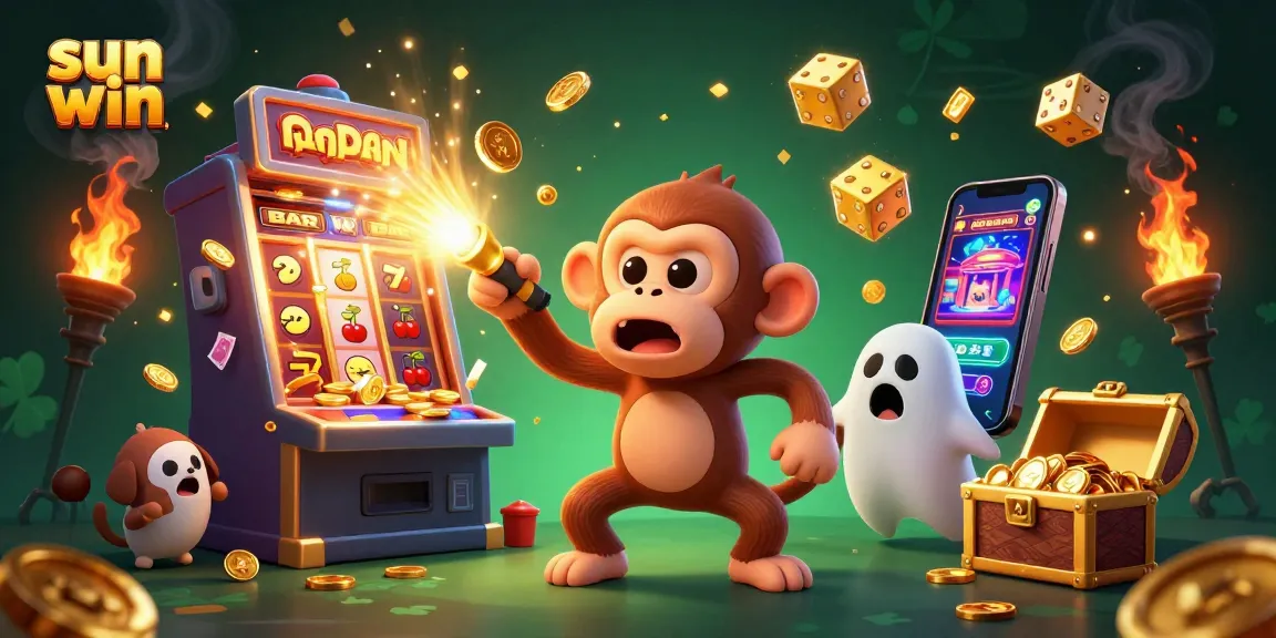 Experience the thrill of sun win with a playful ghostly monkey and curious puppy in a lively casino scene.