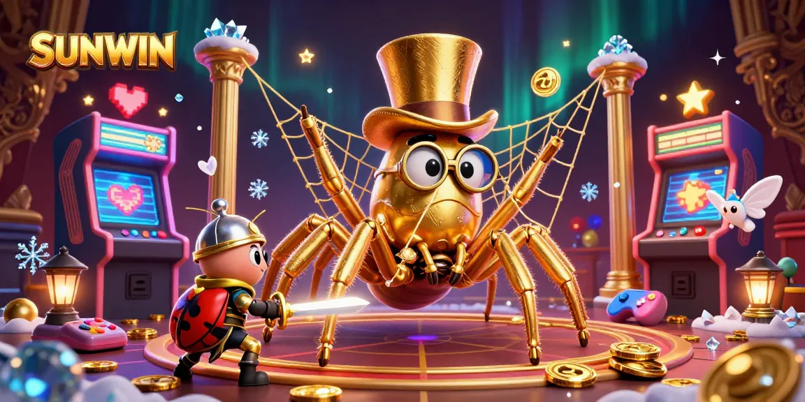 SUNWIN showcases an exciting scene with a golden tarantula and a beetle knight in a casino setting, illustrating vibrant gameplay.