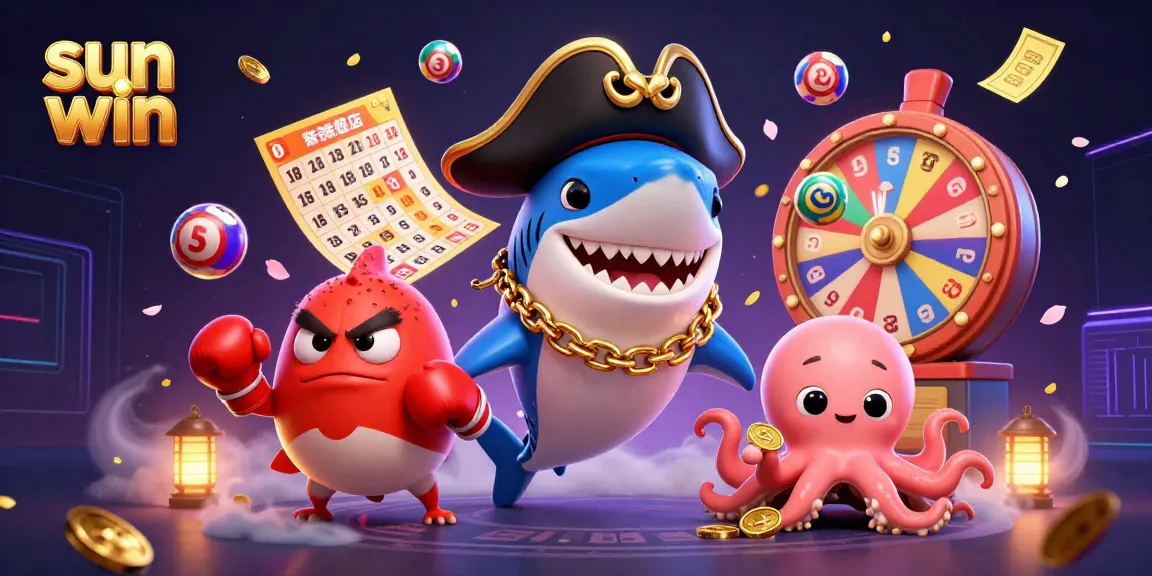 Play exciting games and win big at sun win with vibrant lottery elements surrounding playful ocean characters.