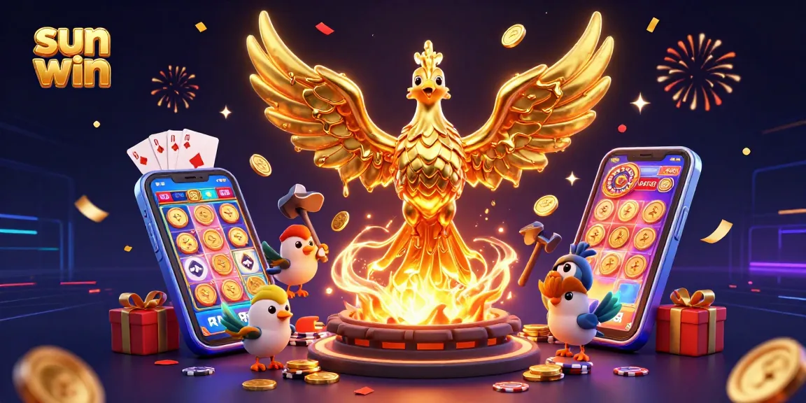 Experience the thrill of sun win with this colorful 3D casino scene featuring a golden phoenix and dynamic game elements.