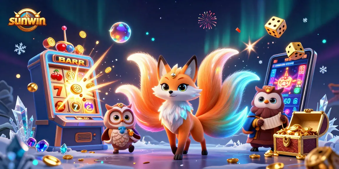 Experience thrilling gameplay at Sunwin with slot machines, glowing characters, and vibrant casino elements.