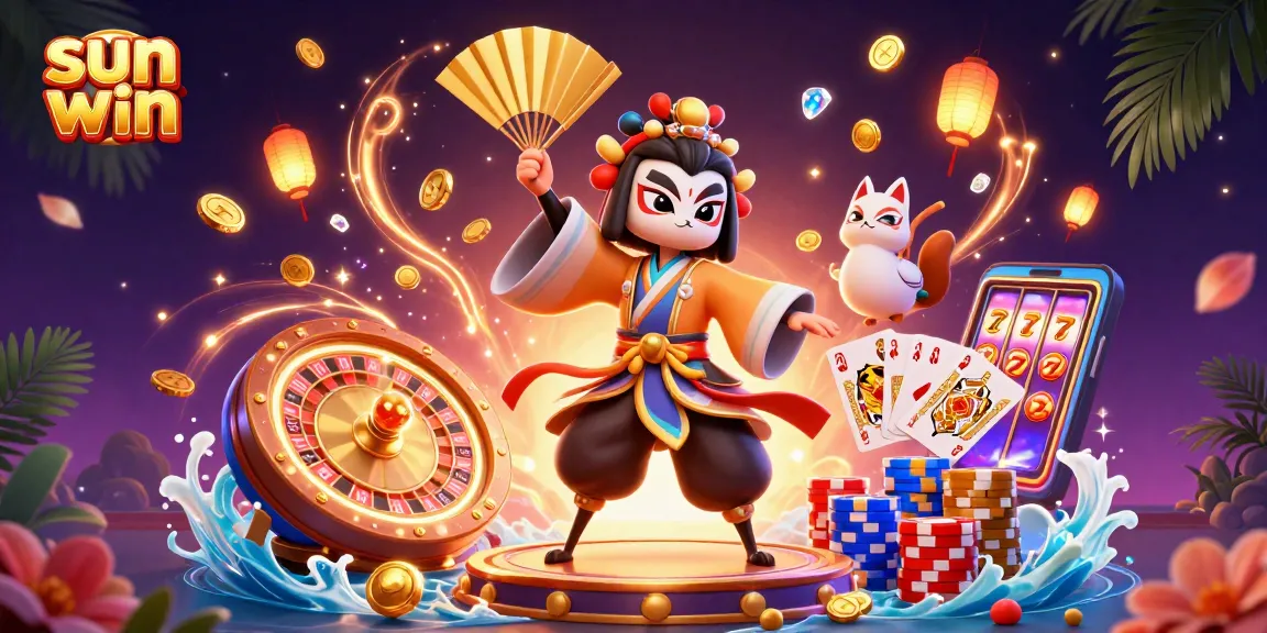 Engage with the dynamic world of sun win, featuring kabuki warriors and casino elements in a vibrant scene.
